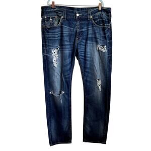 True Religion Mens Jeans Size 40X33 Blue Denim Distressed Skinny Flap Pockets